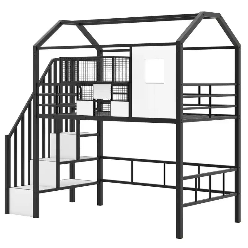 Lit mezzanine en métal Whisen 93,7"L x 41,4"l style maison avec escalier, étagère de rangement et fenêtre, avec toit
