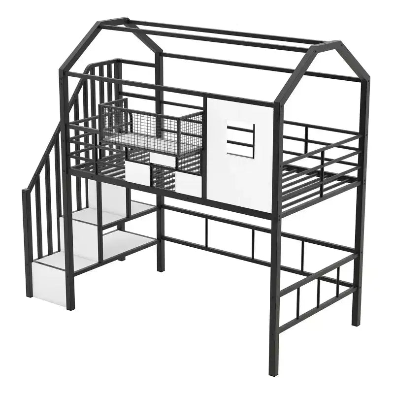 Lit mezzanine en métal Whisen 93,7"L x 41,4"l style maison avec escalier, étagère de rangement et fenêtre, avec toit