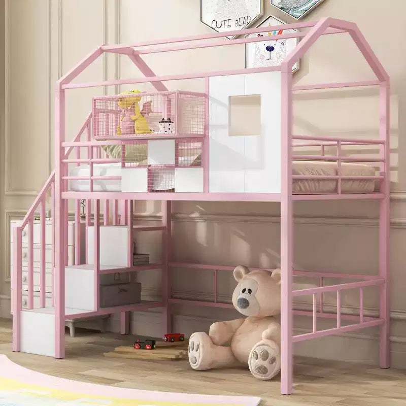 Lit mezzanine en métal Whisen 93,7"L x 41,4"l style maison avec escalier, étagère de rangement et fenêtre, avec toit