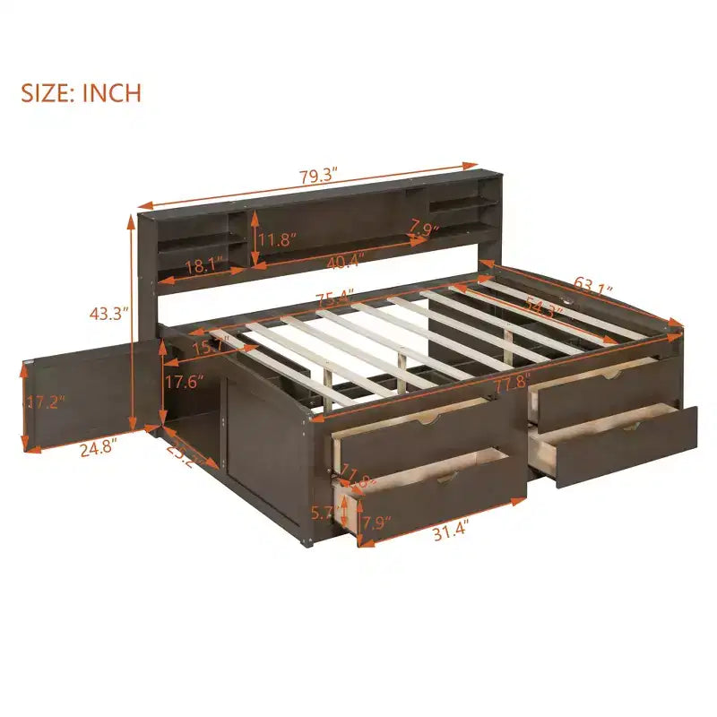 Lit de repos double Whisen en bois avec 2 armoires de chevet, étagères supérieures et 4 tiroirs