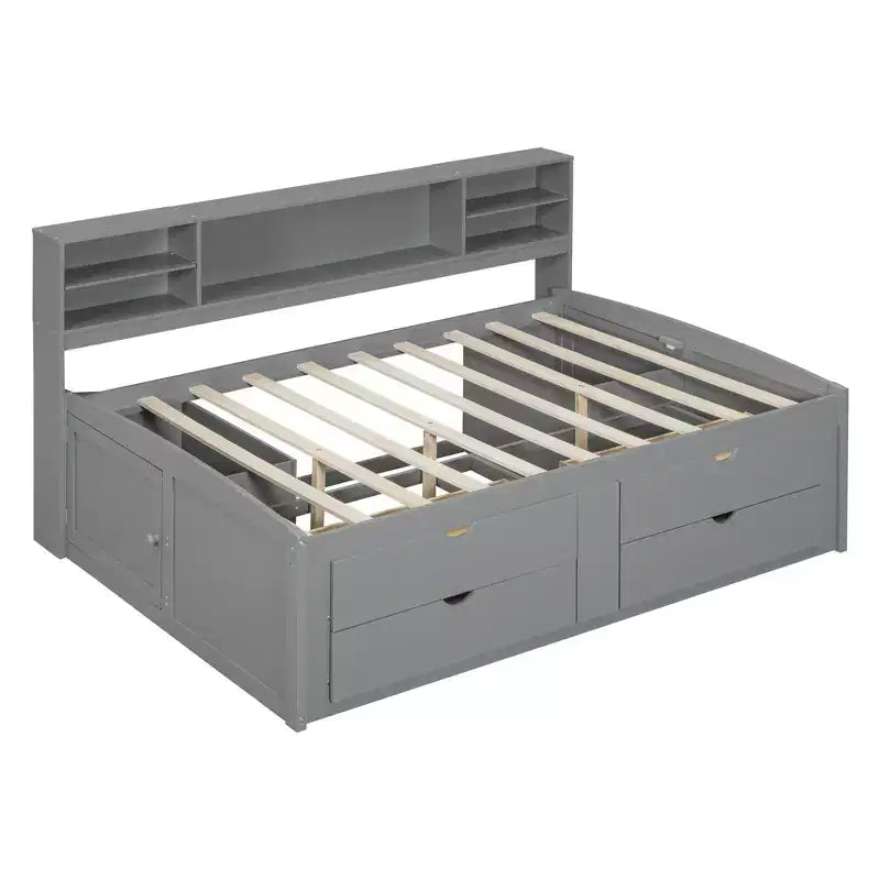 Lit de repos double Whisen en bois avec 2 armoires de chevet, étagères supérieures et 4 tiroirs
