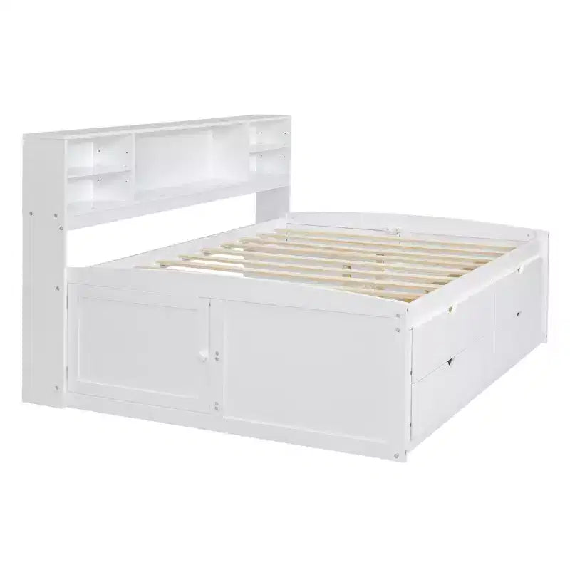 Lit de repos double Whisen en bois avec 2 armoires de chevet, étagères supérieures et 4 tiroirs