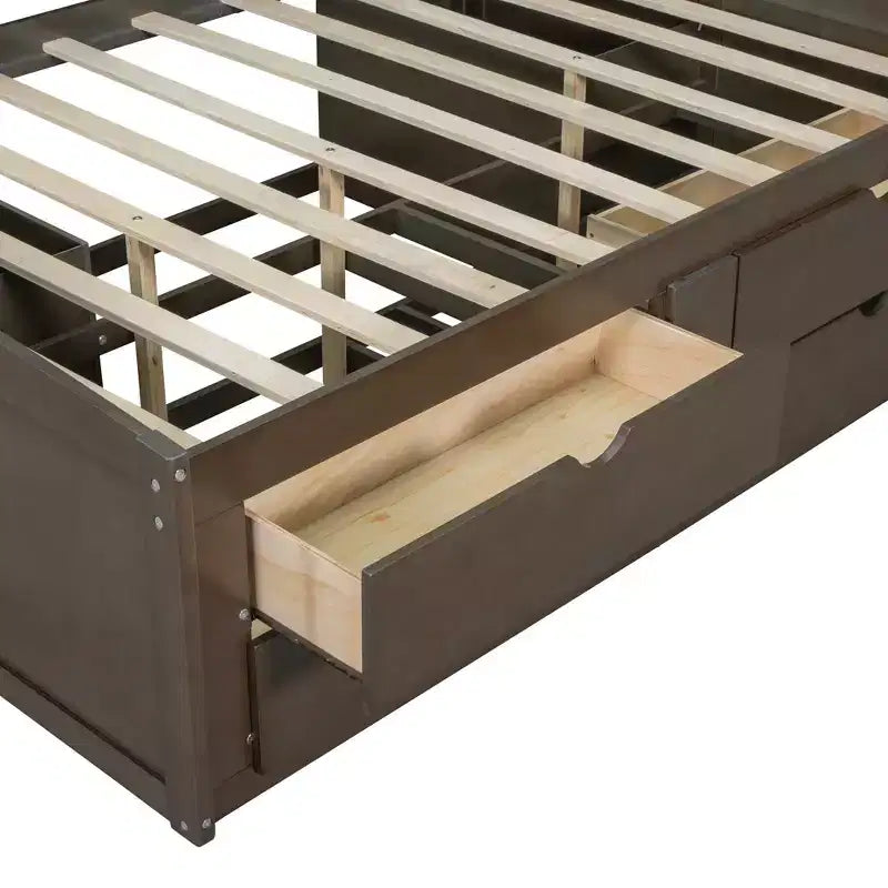 Lit de repos double Whisen en bois avec 2 armoires de chevet, étagères supérieures et 4 tiroirs