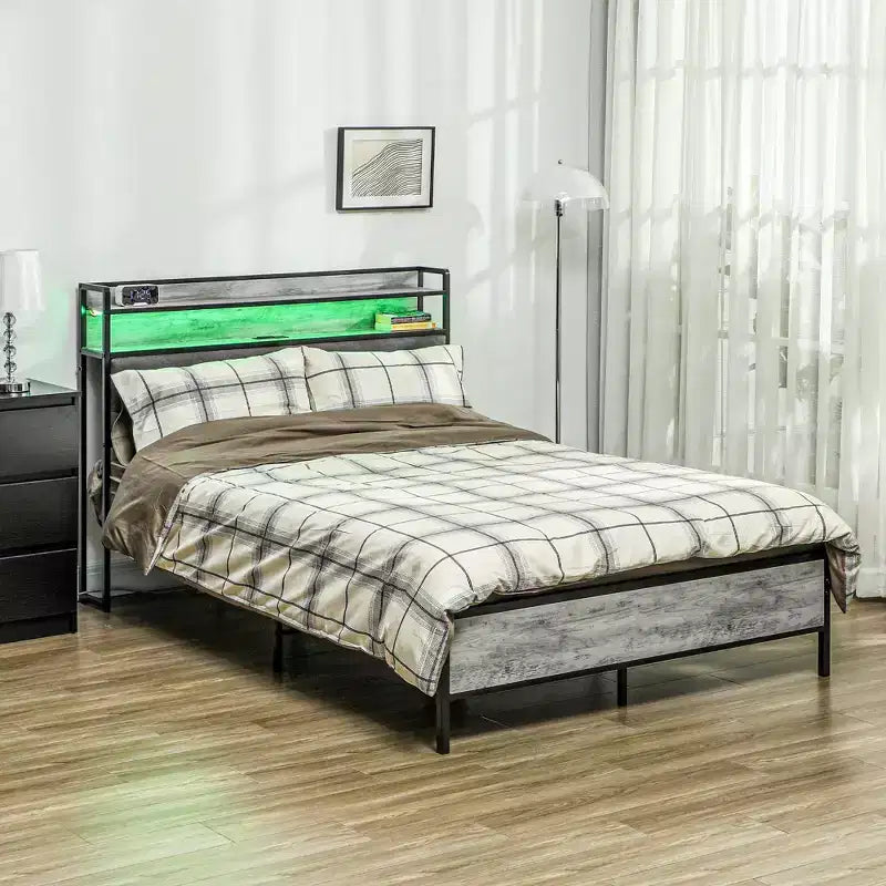 HOMCOM Cadre de lit avec tête de lit de rangement, cadre de lit plateforme avec lumières LED, station de recharge, silencieux et facile à assembler, gris ciment
