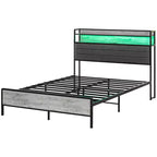 HOMCOM Cadre de lit avec tête de lit de rangement, cadre de lit plateforme avec lumières LED, station de recharge, silencieux et facile à assembler, gris ciment