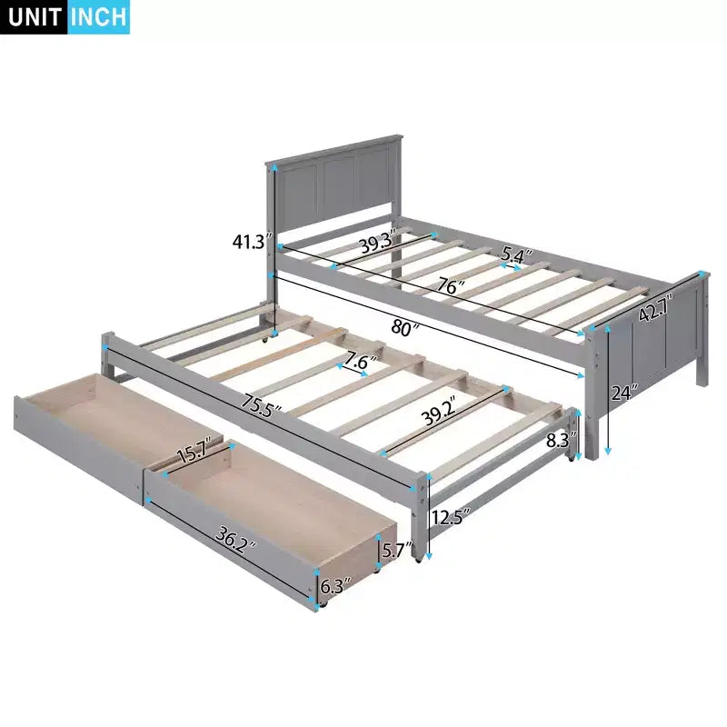 Lit plateforme Whisen Wood deux places avec lit gigogne et tiroirs