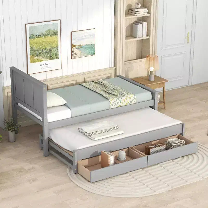 Lit plateforme Whisen Wood deux places avec lit gigogne et tiroirs