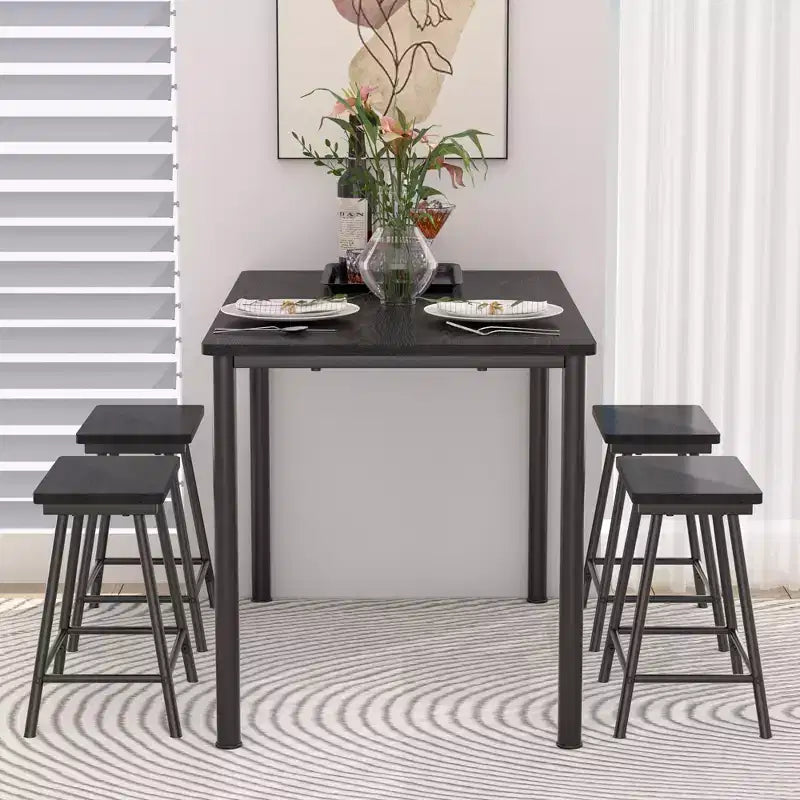 VECELO Ensemble Table et 4 Chaises de Salle à Manger, Meubles de Cuisine en Panneau MDF et Cadre Métallique Rectangulaire, Gain de Place, Noir/Marron/Chêne