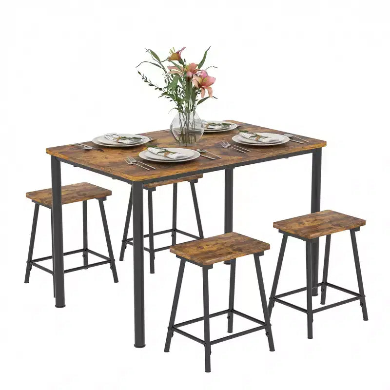 VECELO Ensemble Table et 4 Chaises de Salle à Manger, Meubles de Cuisine en Panneau MDF et Cadre Métallique Rectangulaire, Gain de Place, Noir/Marron/Chêne