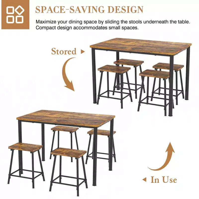 VECELO Ensemble Table et 4 Chaises de Salle à Manger, Meubles de Cuisine en Panneau MDF et Cadre Métallique Rectangulaire, Gain de Place, Noir/Marron/Chêne