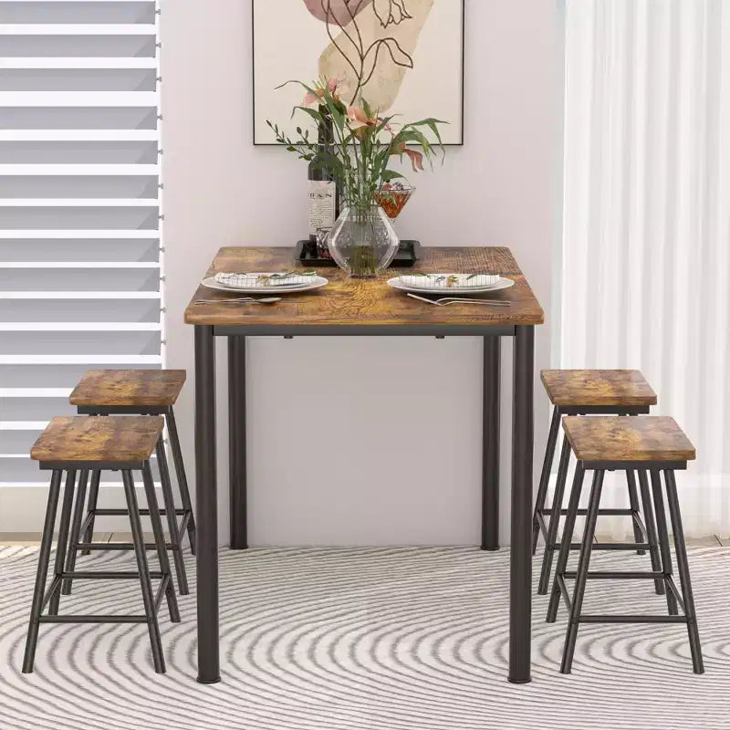 VECELO Ensemble Table et 4 Chaises de Salle à Manger, Meubles de Cuisine en Panneau MDF et Cadre Métallique Rectangulaire, Gain de Place, Noir/Marron/Chêne