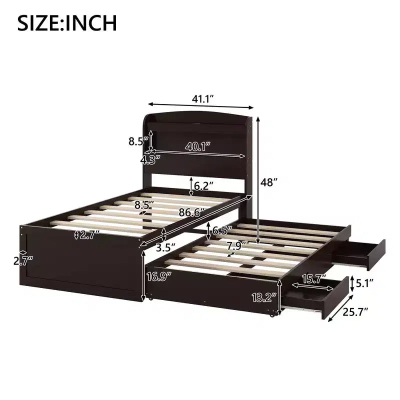 Lit plateforme Whisen Twin XL avec tête de lit LED de rangement, station de charge, lit gigogne simple et 2 tiroirs