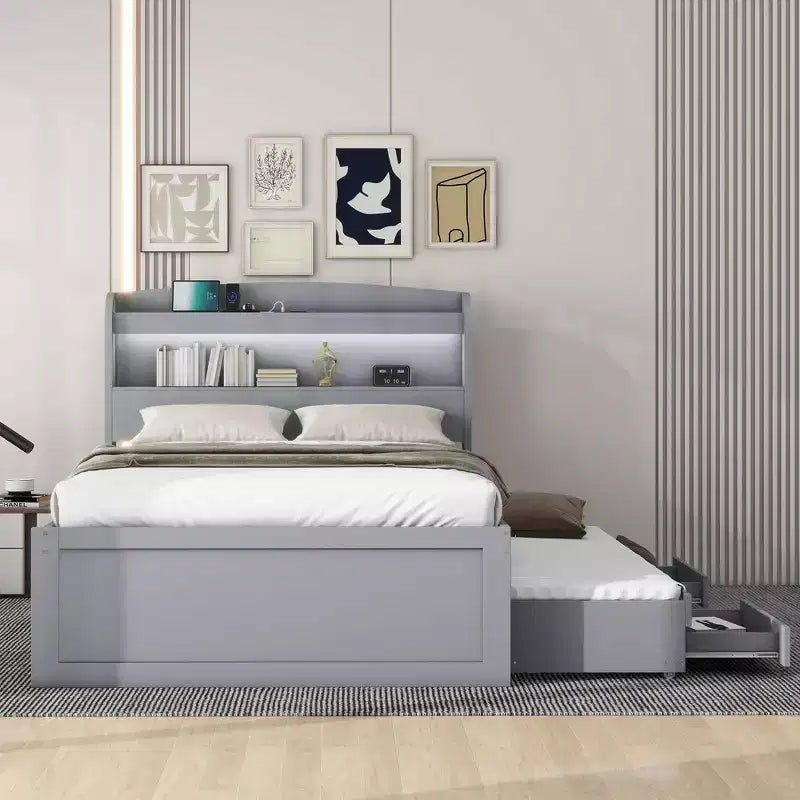Lit plateforme Whisen Twin XL avec tête de lit LED de rangement, station de charge, lit gigogne simple et 2 tiroirs