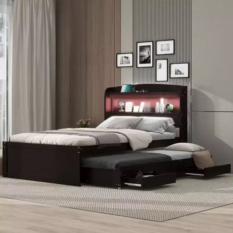 Lit plateforme Whisen Twin XL avec tête de lit LED de rangement, station de charge, lit gigogne simple et 2 tiroirs