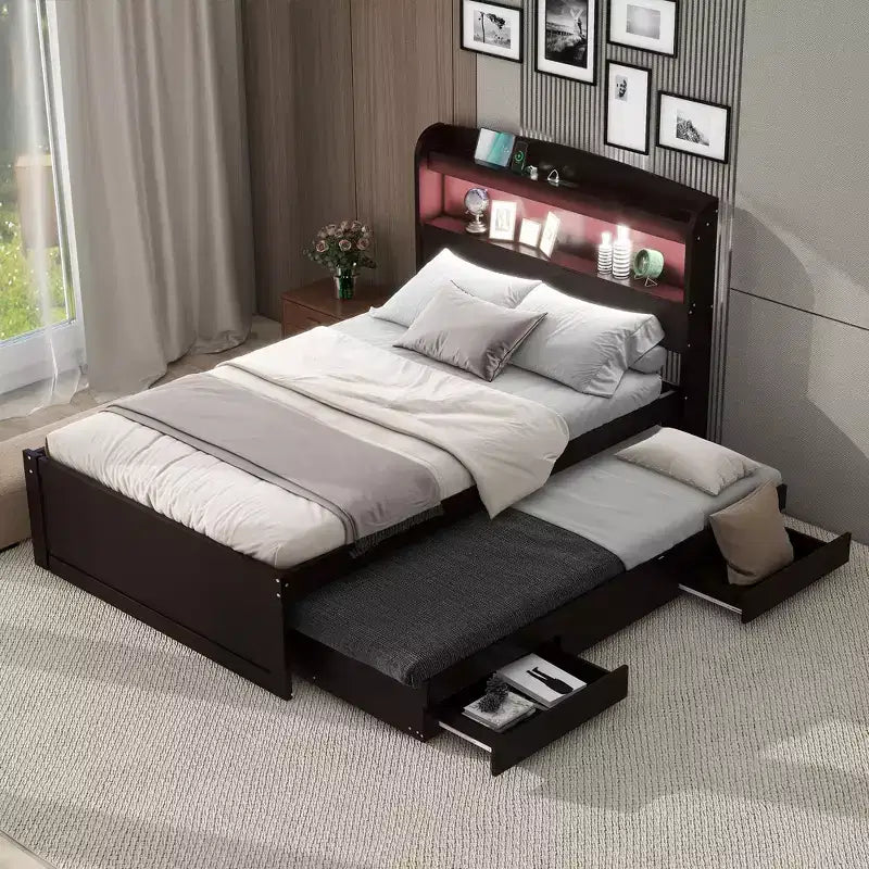 Lit plateforme Whisen Twin XL avec tête de lit LED de rangement, station de charge, lit gigogne simple et 2 tiroirs