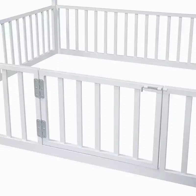 Lit plateforme simple/double en forme de maison en métal avec clôture et porte - ModernLuxe
