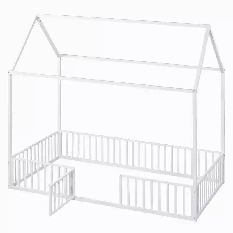 Lit plateforme simple/double en forme de maison en métal avec clôture et porte - ModernLuxe