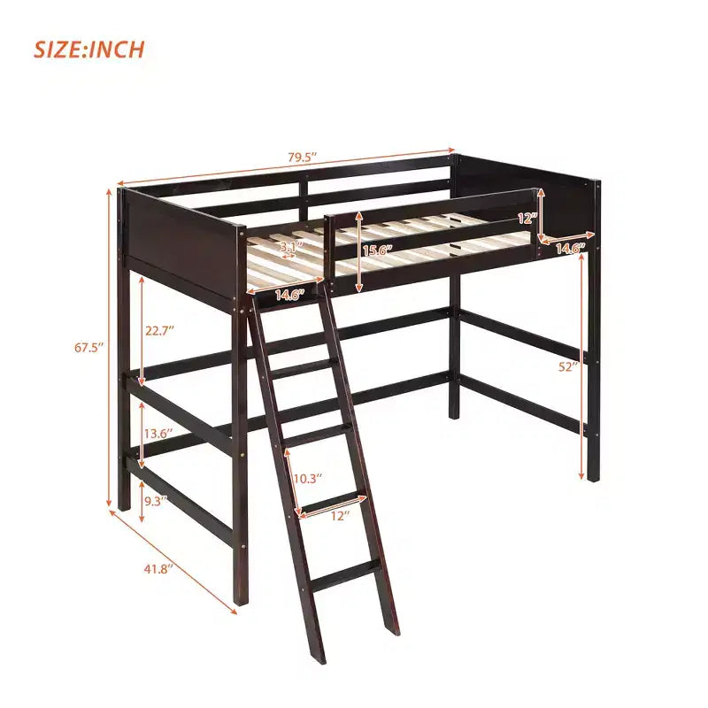 Lit mezzanine Whisen 79,5''L 41,8''W en bois massif, design moderne, taille jumeau, avec échelle, sain et confortable
