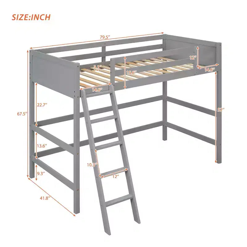 Lit mezzanine Whisen 79,5''L 41,8''W en bois massif, design moderne, taille jumeau, avec échelle, sain et confortable