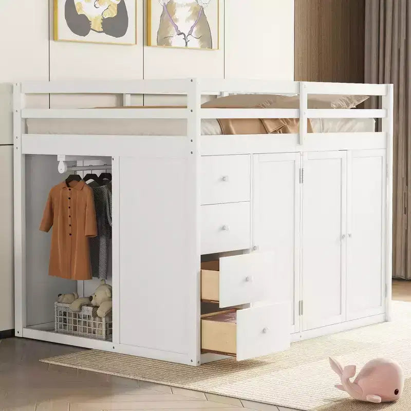 Lit mezzanine double en bois de style moderne Whisen 93.3''L 57.6''W avec armoires, placards et tiroirs intégrés