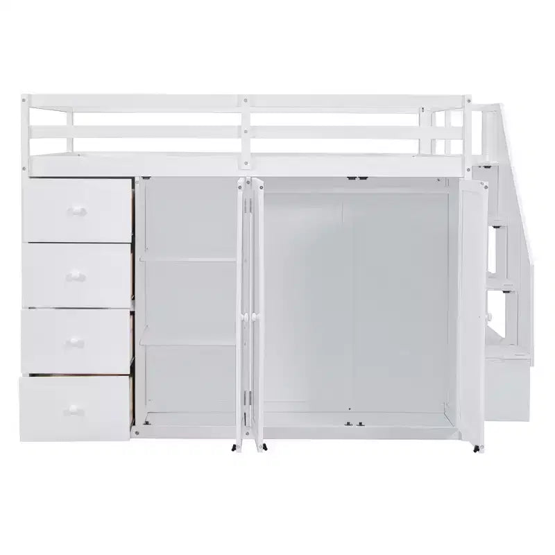 Lit mezzanine double en bois de style moderne Whisen 93.3''L 57.6''W avec armoires, placards et tiroirs intégrés