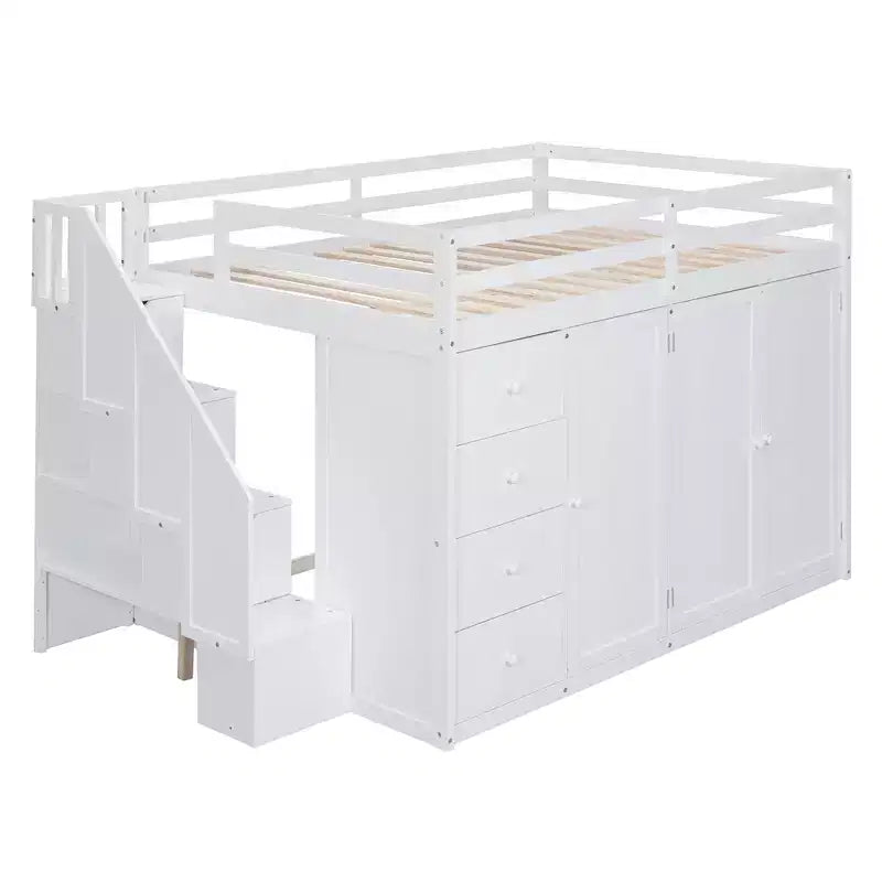 Lit mezzanine double en bois de style moderne Whisen 93.3''L 57.6''W avec armoires, placards et tiroirs intégrés