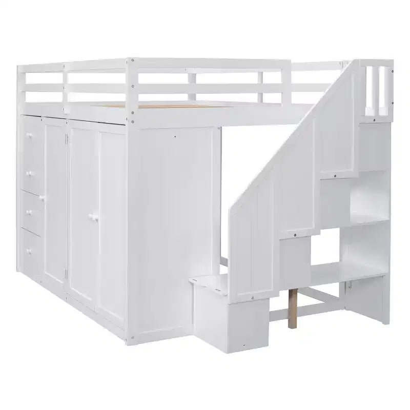 Lit mezzanine double en bois de style moderne Whisen 93.3''L 57.6''W avec armoires, placards et tiroirs intégrés