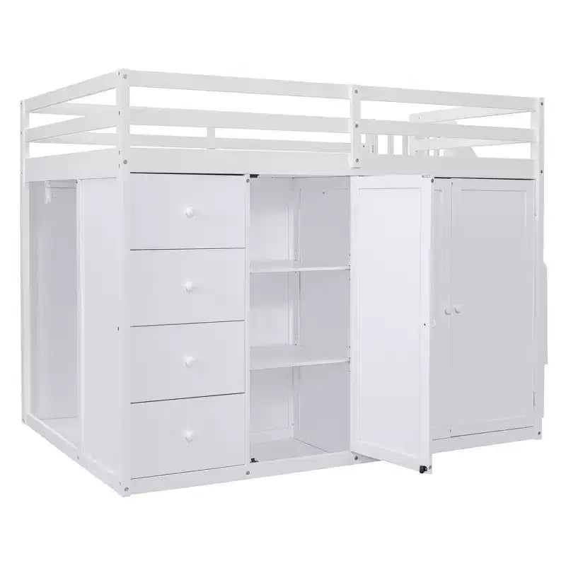 Lit mezzanine double en bois de style moderne Whisen 93.3''L 57.6''W avec armoires, placards et tiroirs intégrés