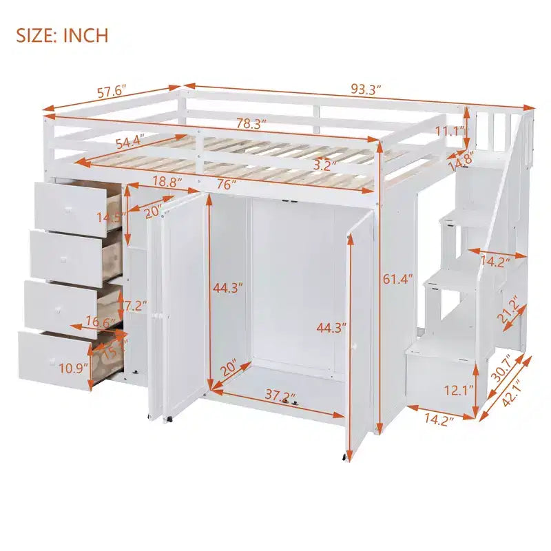 Lit mezzanine double en bois de style moderne Whisen 93.3''L 57.6''W avec armoires, placards et tiroirs intégrés