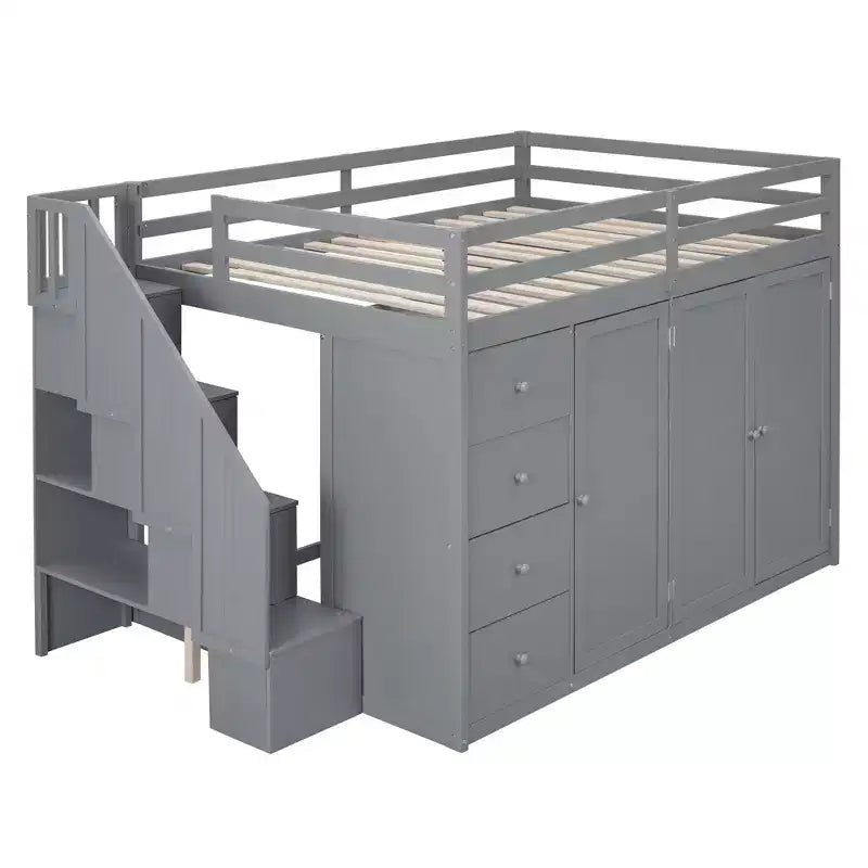 Lit mezzanine double en bois de style moderne Whisen 93.3''L 57.6''W avec armoires, placards et tiroirs intégrés