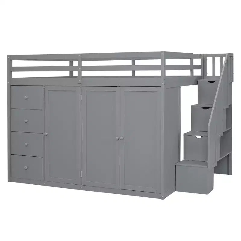 Lit mezzanine double en bois de style moderne Whisen 93.3''L 57.6''W avec armoires, placards et tiroirs intégrés