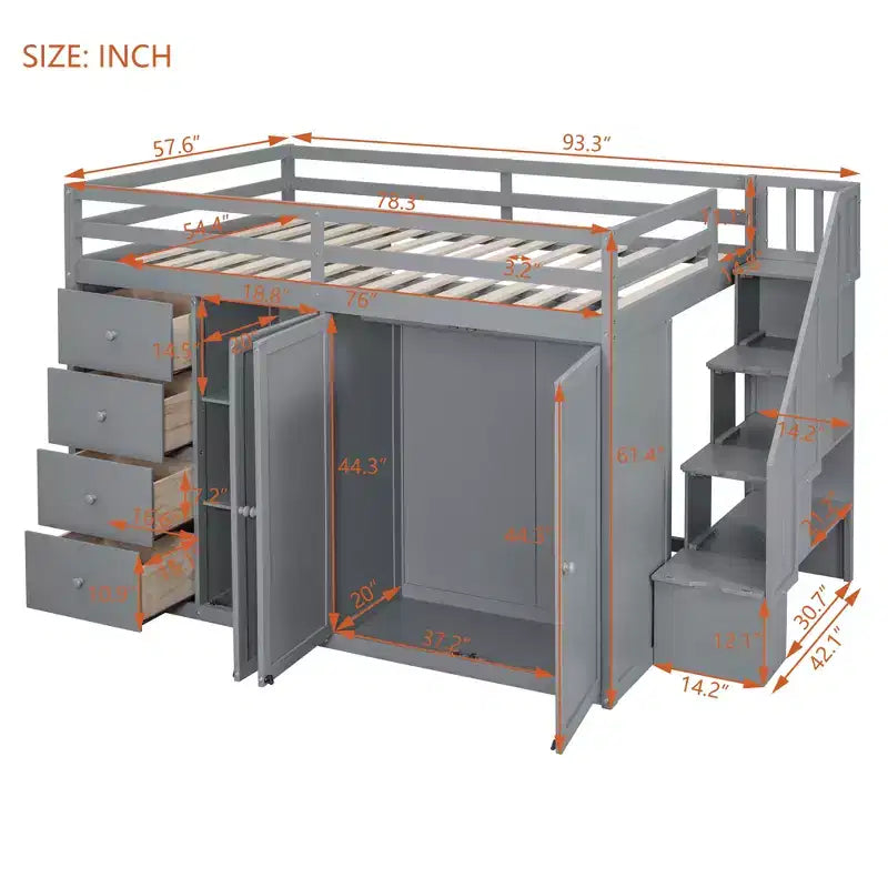 Lit mezzanine double en bois de style moderne Whisen 93.3''L 57.6''W avec armoires, placards et tiroirs intégrés
