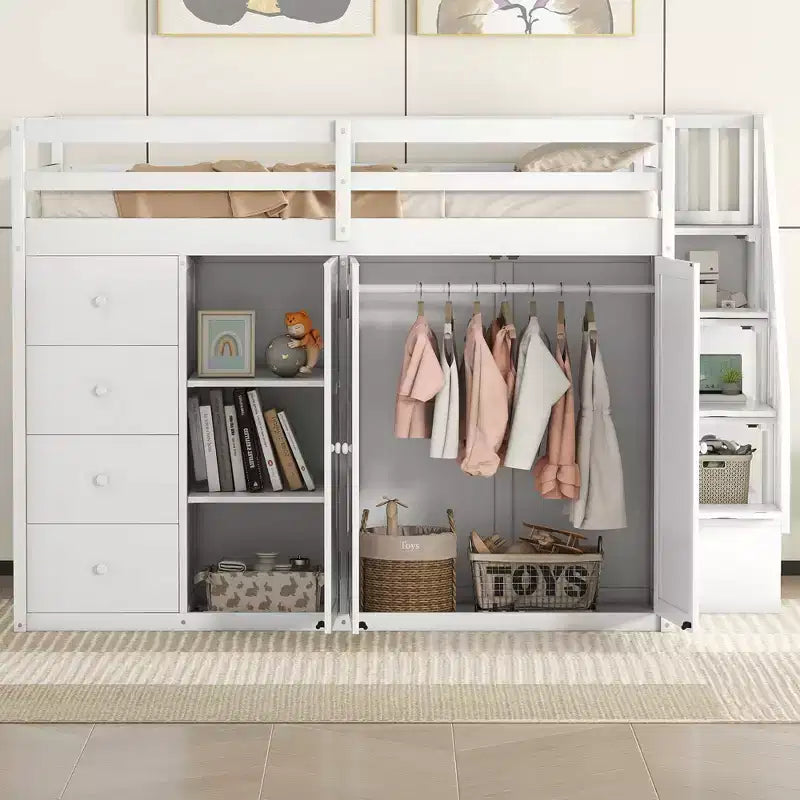 Lit mezzanine double en bois de style moderne Whisen 93.3''L 57.6''W avec armoires, placards et tiroirs intégrés