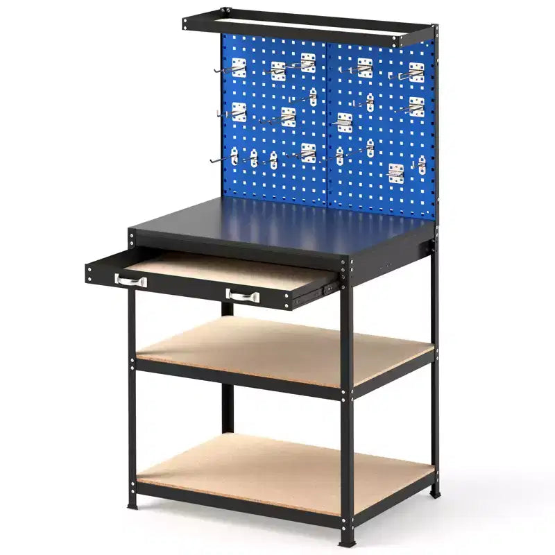 Établi Costway 32'' x 16'' avec panneau perforé, 20 crochets à outils, tiroir et étagères ouvertes Bleu marine/Noir