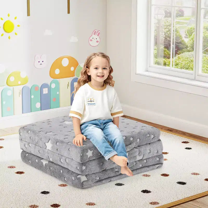 Costway Matelas de sol pliable pour enfants phosphorescent Tapis de sieste pliant en trois couleurs vives/gris/rose