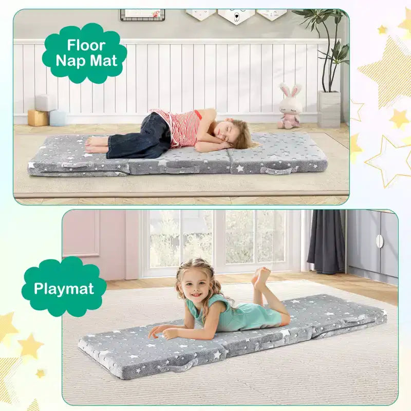 Costway Matelas de sol pliable pour enfants phosphorescent Tapis de sieste pliant en trois couleurs vives/gris/rose