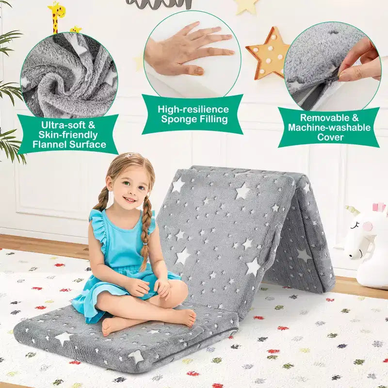 Costway Matelas de sol pliable pour enfants phosphorescent Tapis de sieste pliant en trois couleurs vives/gris/rose