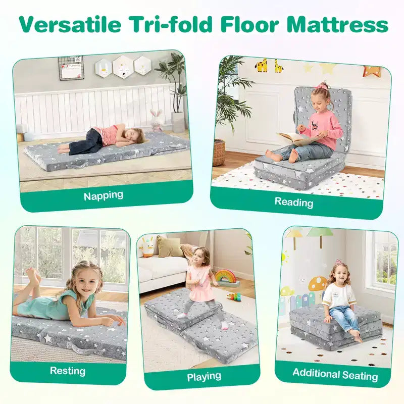 Costway Matelas de sol pliable pour enfants phosphorescent Tapis de sieste pliant en trois couleurs vives/gris/rose
