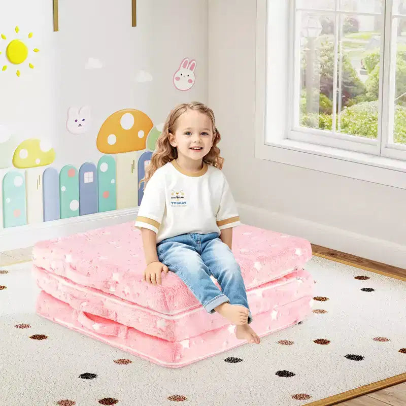 Costway Matelas de sol pliable pour enfants phosphorescent Tapis de sieste pliant en trois couleurs vives/gris/rose