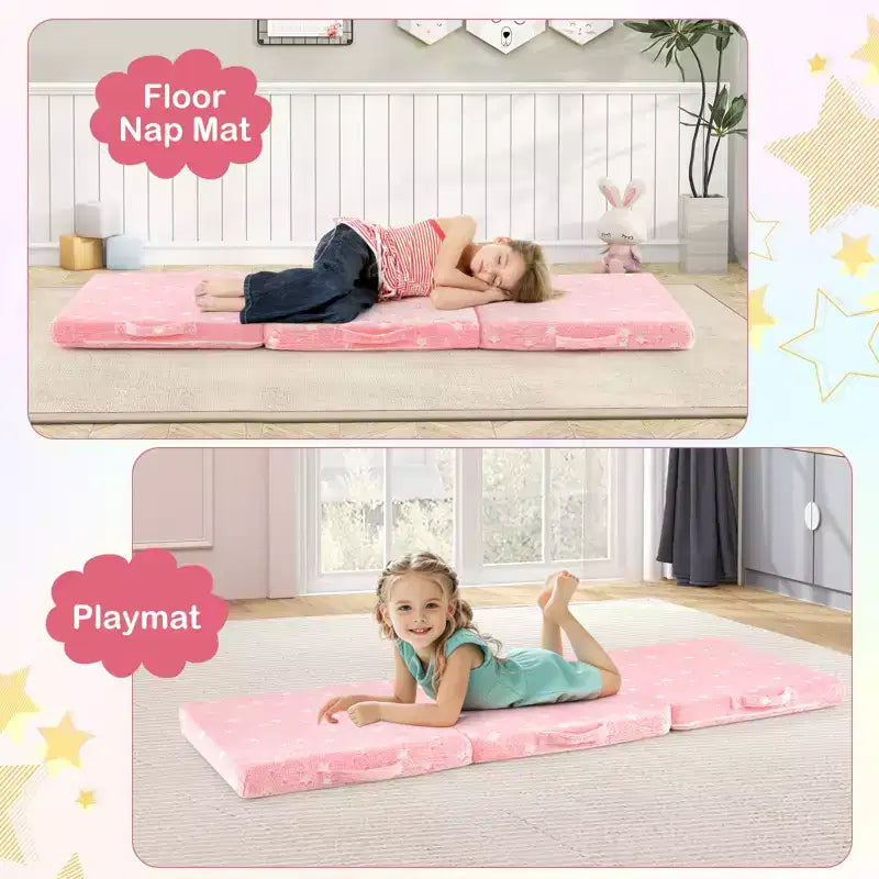 Costway Matelas de sol pliable pour enfants phosphorescent Tapis de sieste pliant en trois couleurs vives/gris/rose