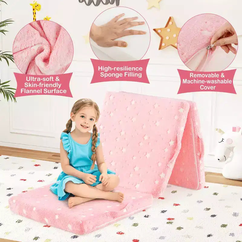 Costway Matelas de sol pliable pour enfants phosphorescent Tapis de sieste pliant en trois couleurs vives/gris/rose