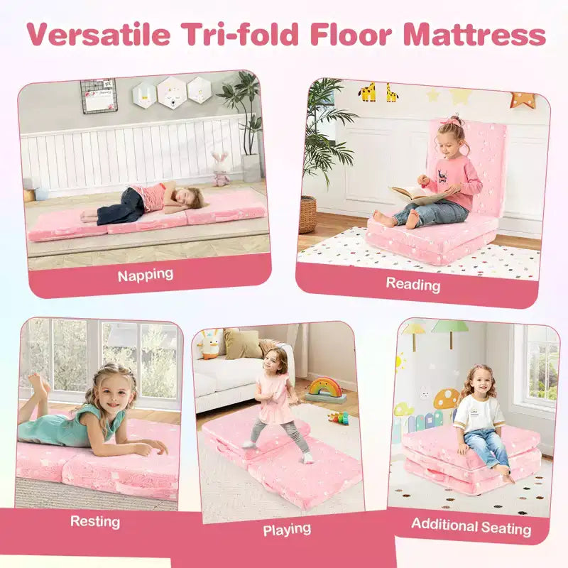 Costway Matelas de sol pliable pour enfants phosphorescent Tapis de sieste pliant en trois couleurs vives/gris/rose