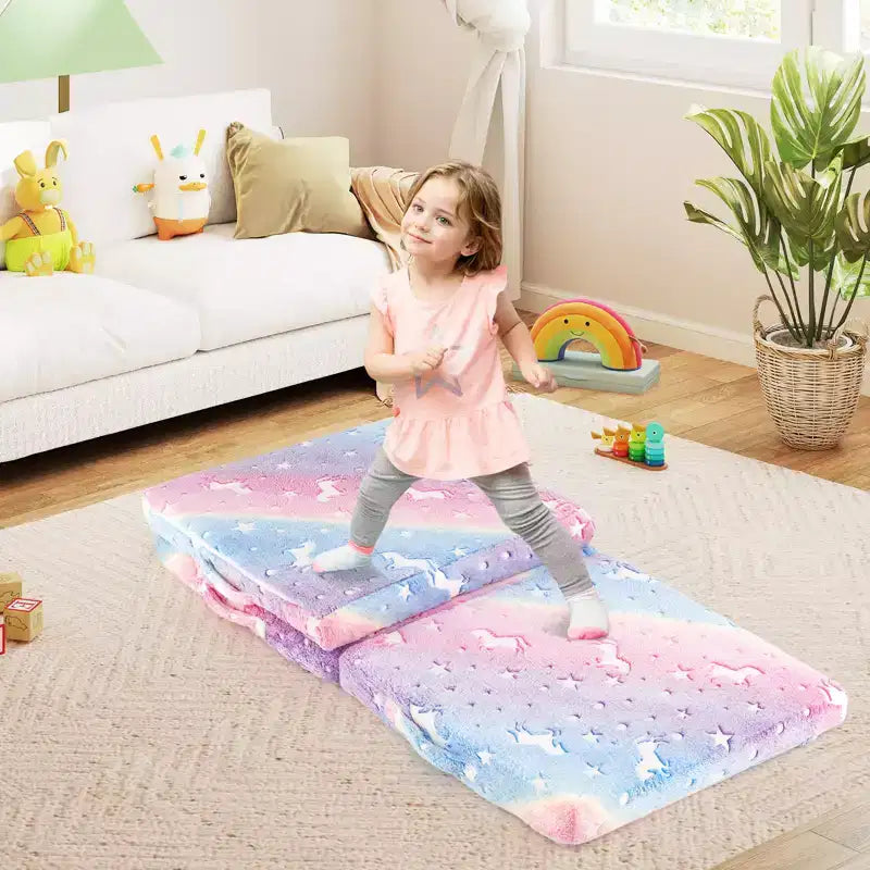 Costway Matelas de sol pliable pour enfants phosphorescent Tapis de sieste pliant en trois couleurs vives/gris/rose
