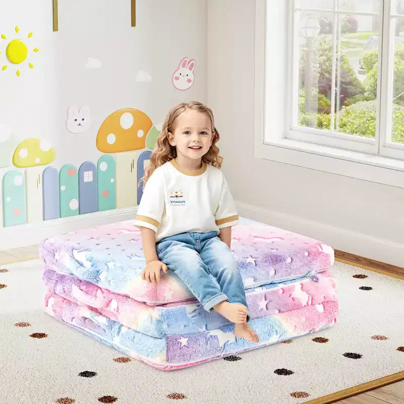 Costway Matelas de sol pliable pour enfants phosphorescent Tapis de sieste pliant en trois couleurs vives/gris/rose