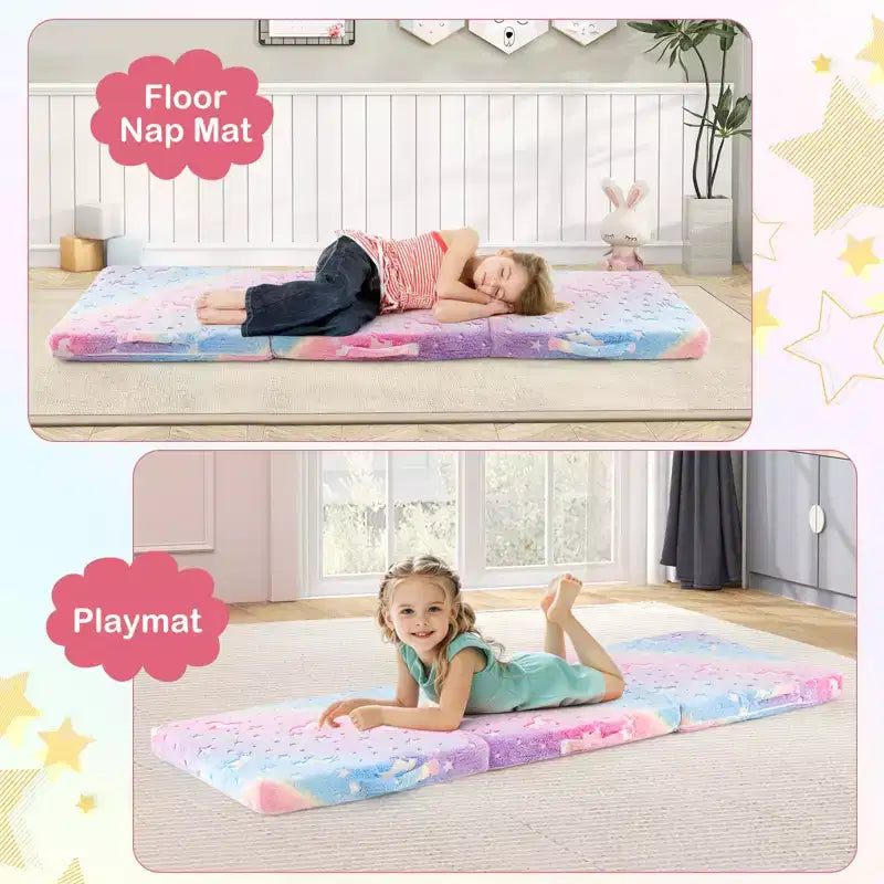 Costway Matelas de sol pliable pour enfants phosphorescent Tapis de sieste pliant en trois couleurs vives/gris/rose