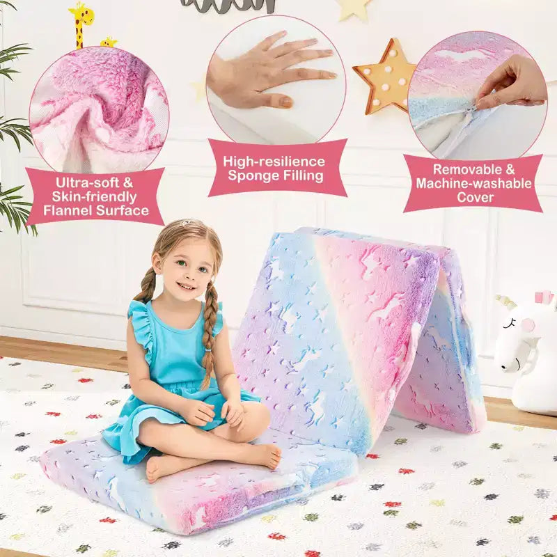 Costway Matelas de sol pliable pour enfants phosphorescent Tapis de sieste pliant en trois couleurs vives/gris/rose