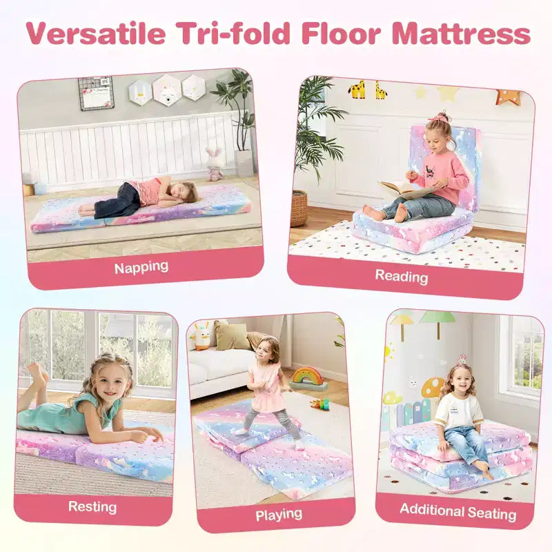 Costway Matelas de sol pliable pour enfants phosphorescent Tapis de sieste pliant en trois couleurs vives/gris/rose