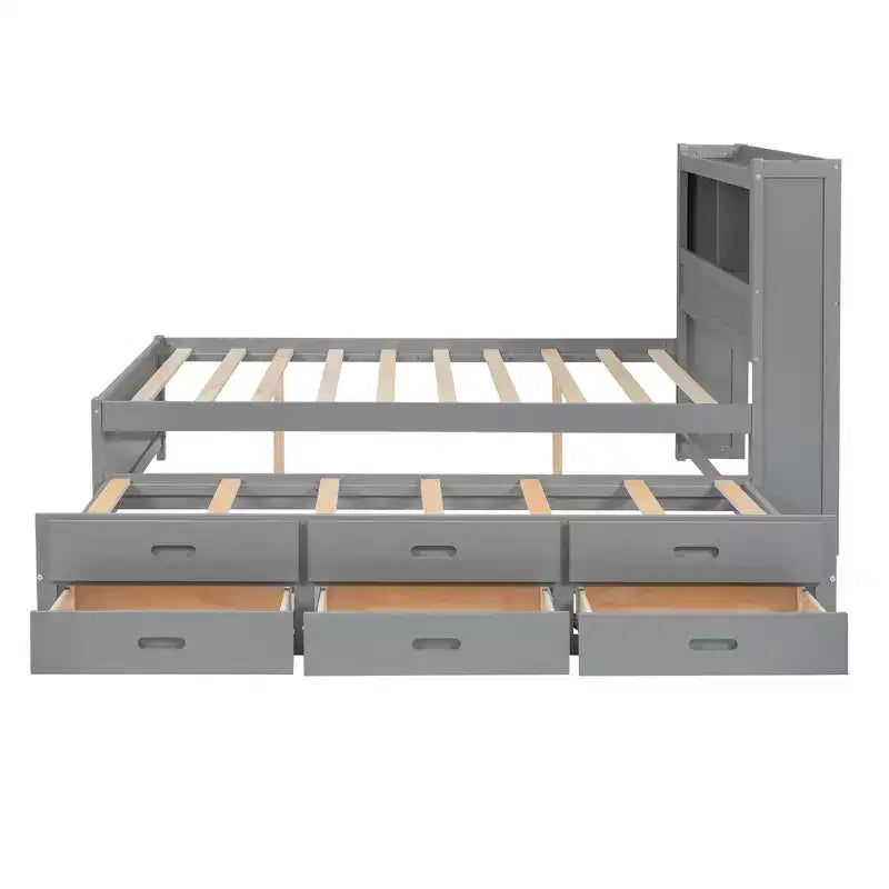 Lit plateforme Whisen pleine taille en bois avec lit gigogne, tiroirs et prises USB