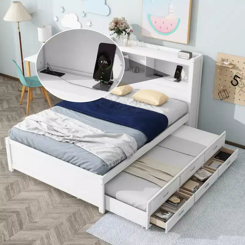Lit plateforme Whisen pleine taille en bois avec lit gigogne, tiroirs et prises USB