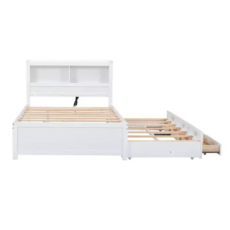 Lit plateforme Whisen pleine taille en bois avec lit gigogne, tiroirs et prises USB